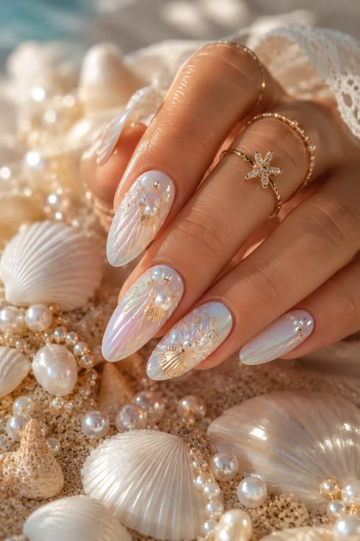 Mẫu nail đi biển đẹp phối màu xanh trắng thanh lịch, mang hơi thở biển cả tươi mát
