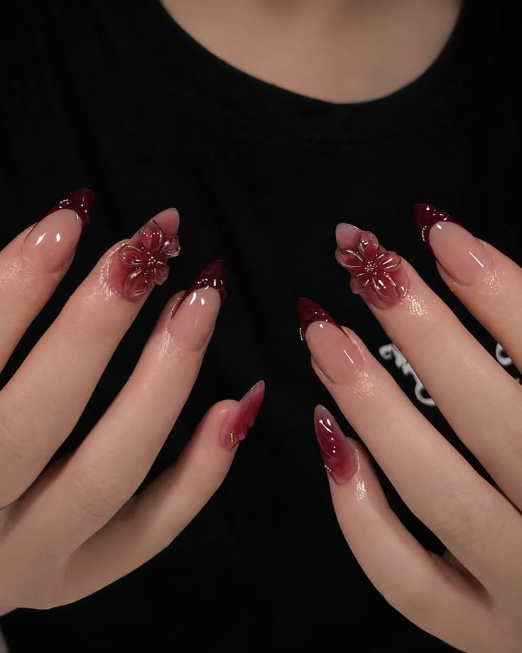 Mẫu nail French tip đỏ vang hoa 3D
