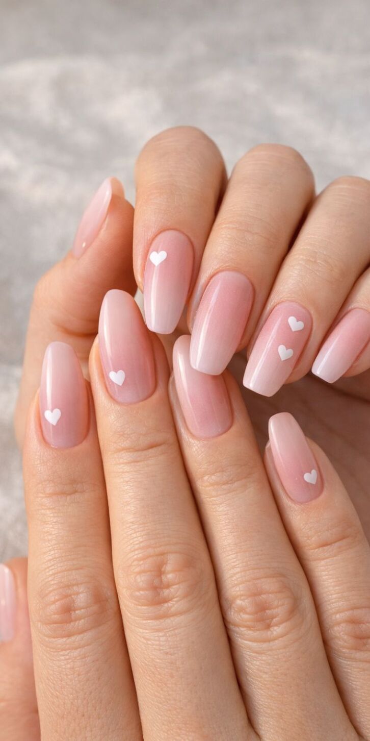 Mẫu nail màu hồng với họa tiết trái tim nhỏ xinh, đáng yêu