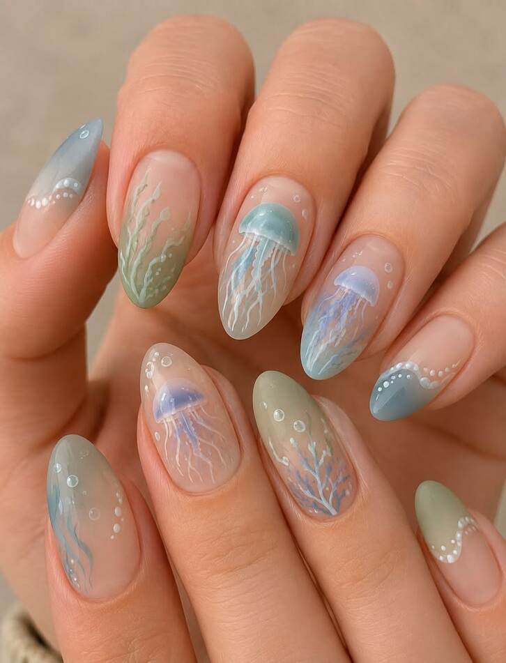 Mẫu nail xinh đi biển kết hợp hình ảnh sứa và rêu biển đẹp mắt, độc đáo và ấn tượng