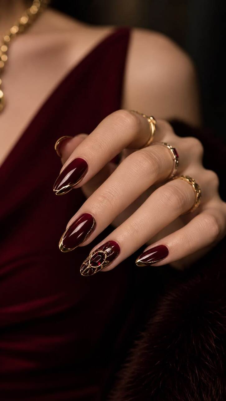Nail đỏ rượu phối ánh nhũ, mang đến vẻ đẹp lấp lánh và sang trọng