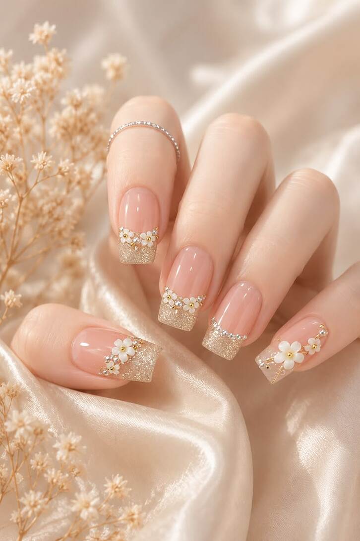 Thiết kế nail cho móng tay ngắn với họa tiết hoa nhỏ xinh, mang nét dịu dàng nữ tính