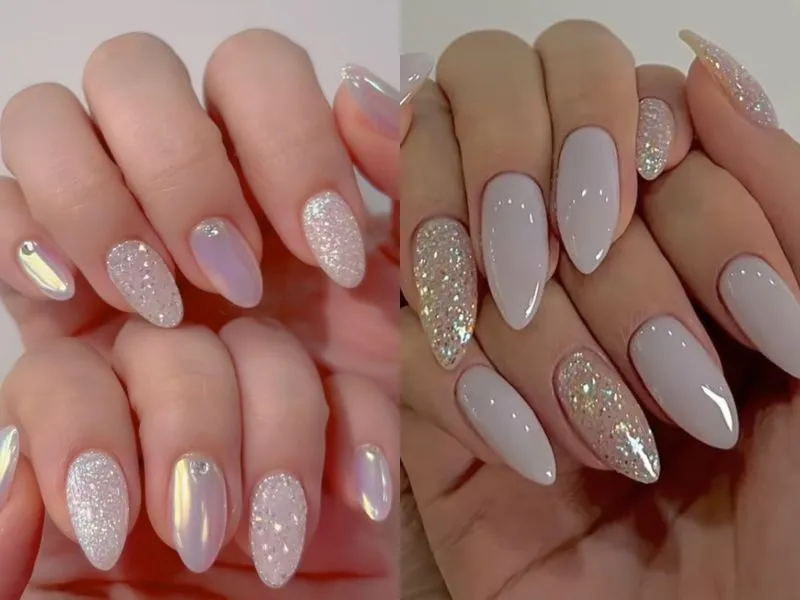 Nail trắng tráng gương kim tuyến