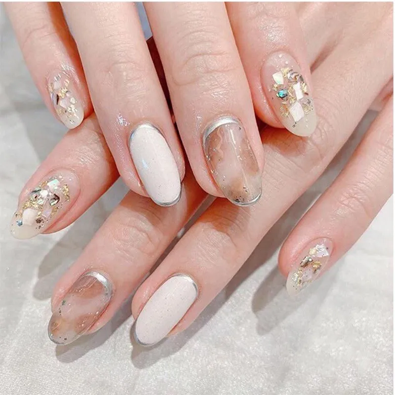 Nail trắng vân đá xà cừ nghệ thuật